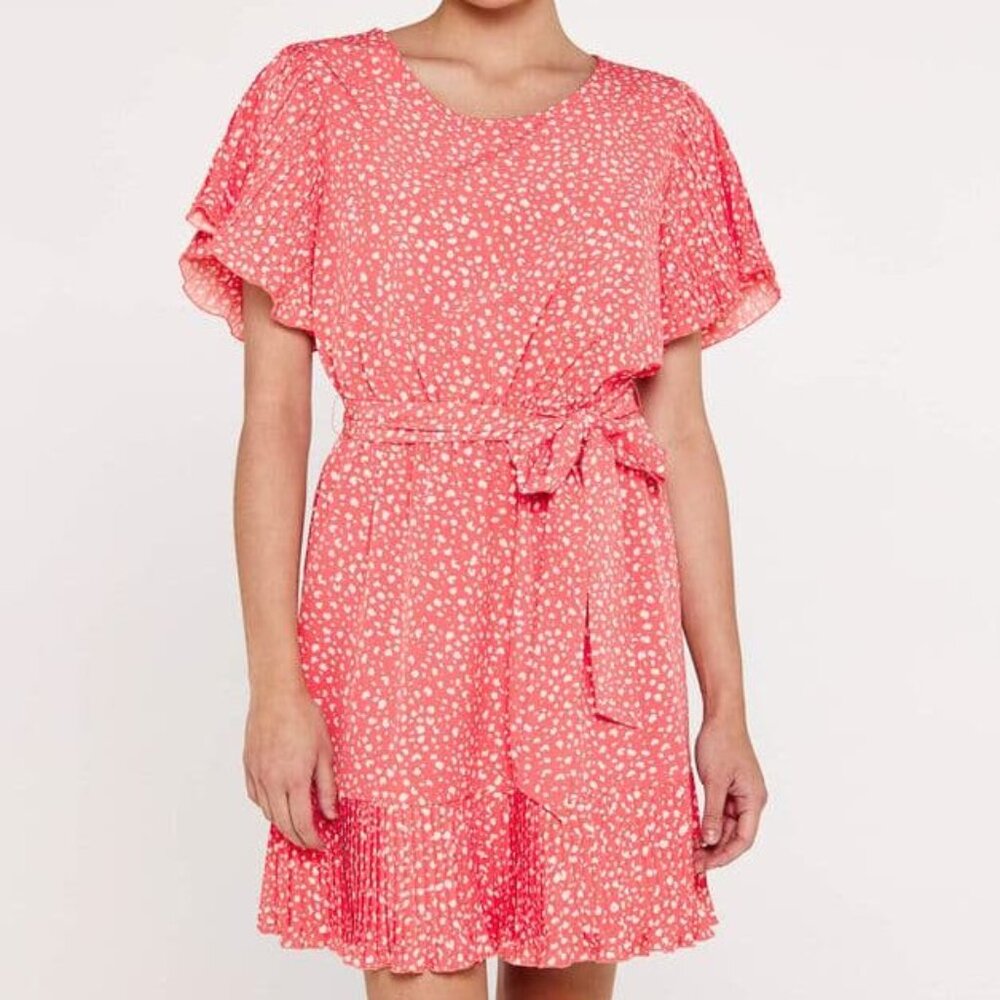 NWT - Apricot Dots and Pleats Flutter Sleeve Tie Waist Coral Dress
